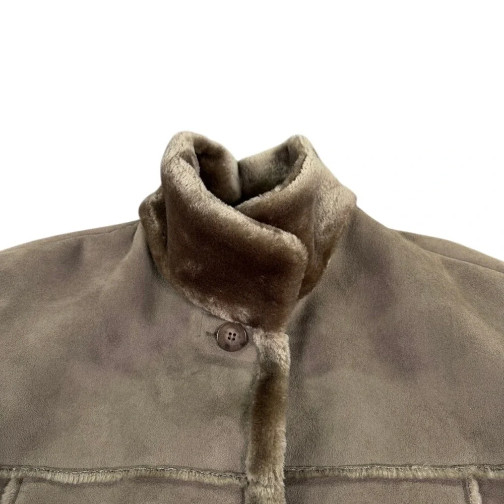 Jones New York Faux Shearling Coat Women XL Greenish Gray Suede Look Winter Coat